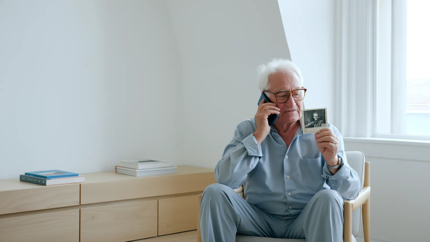 A man in his nineties on the phone, telling his life story