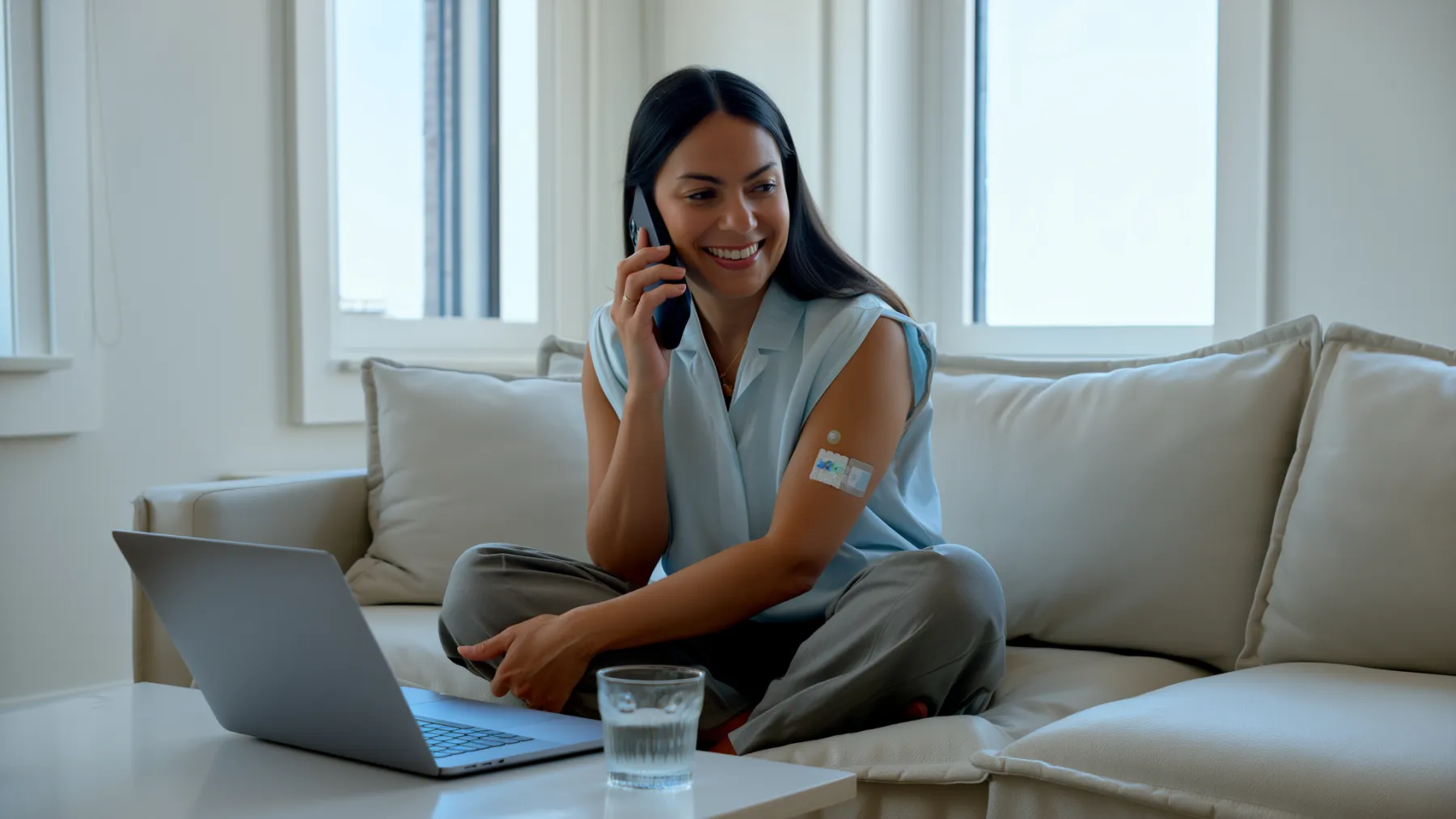 A woman in her thirties talking on the phone at home, a small medical sensor on her arm
